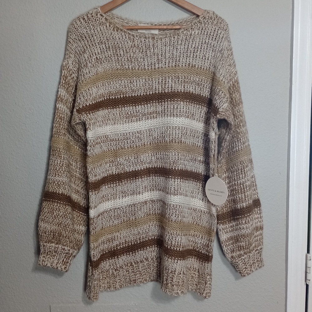 Saints & Hearts Tan Brown Striped Knitted Tunic Sweater